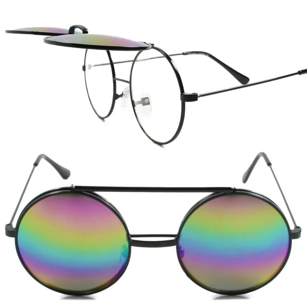 Vintage Retro Hip Steampunk Black Rainbow Mirrored Lens Round Circle Sun Glasses